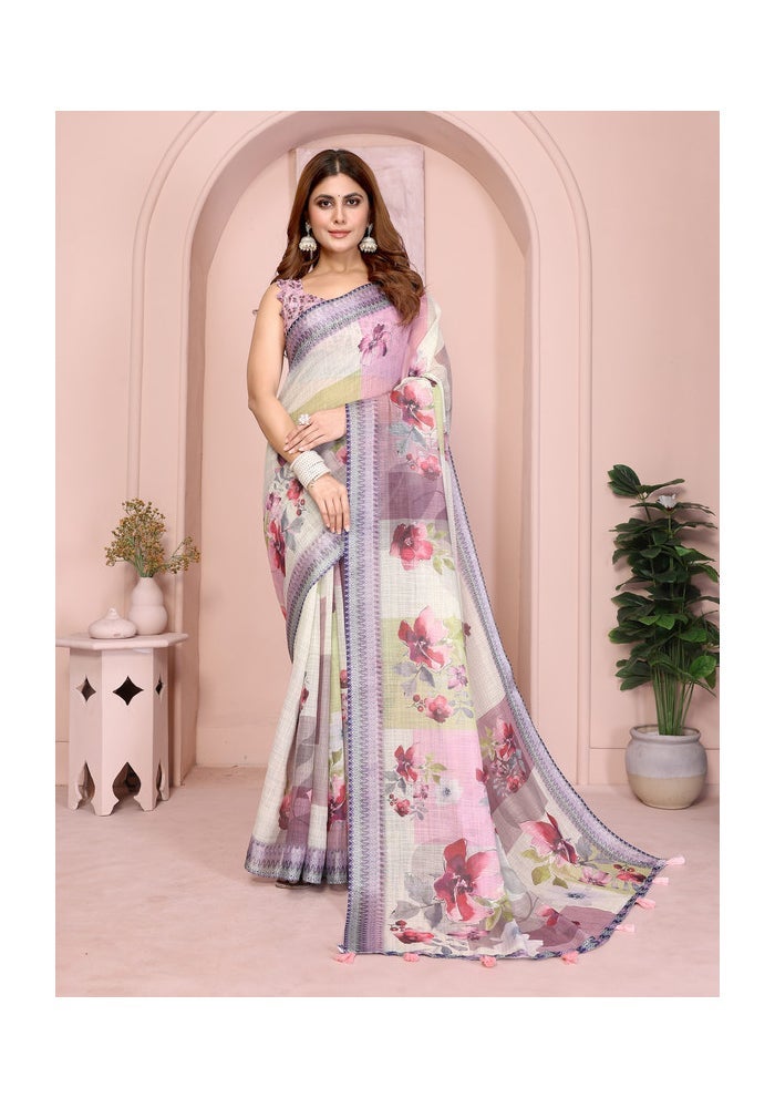 Malishka Export Linen Cotton Digital Print Saree in Lavender - Image 1